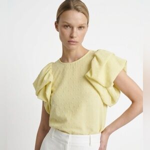 THML Yellow Swiss dot Textured Blouse with statement puff sleeves xs